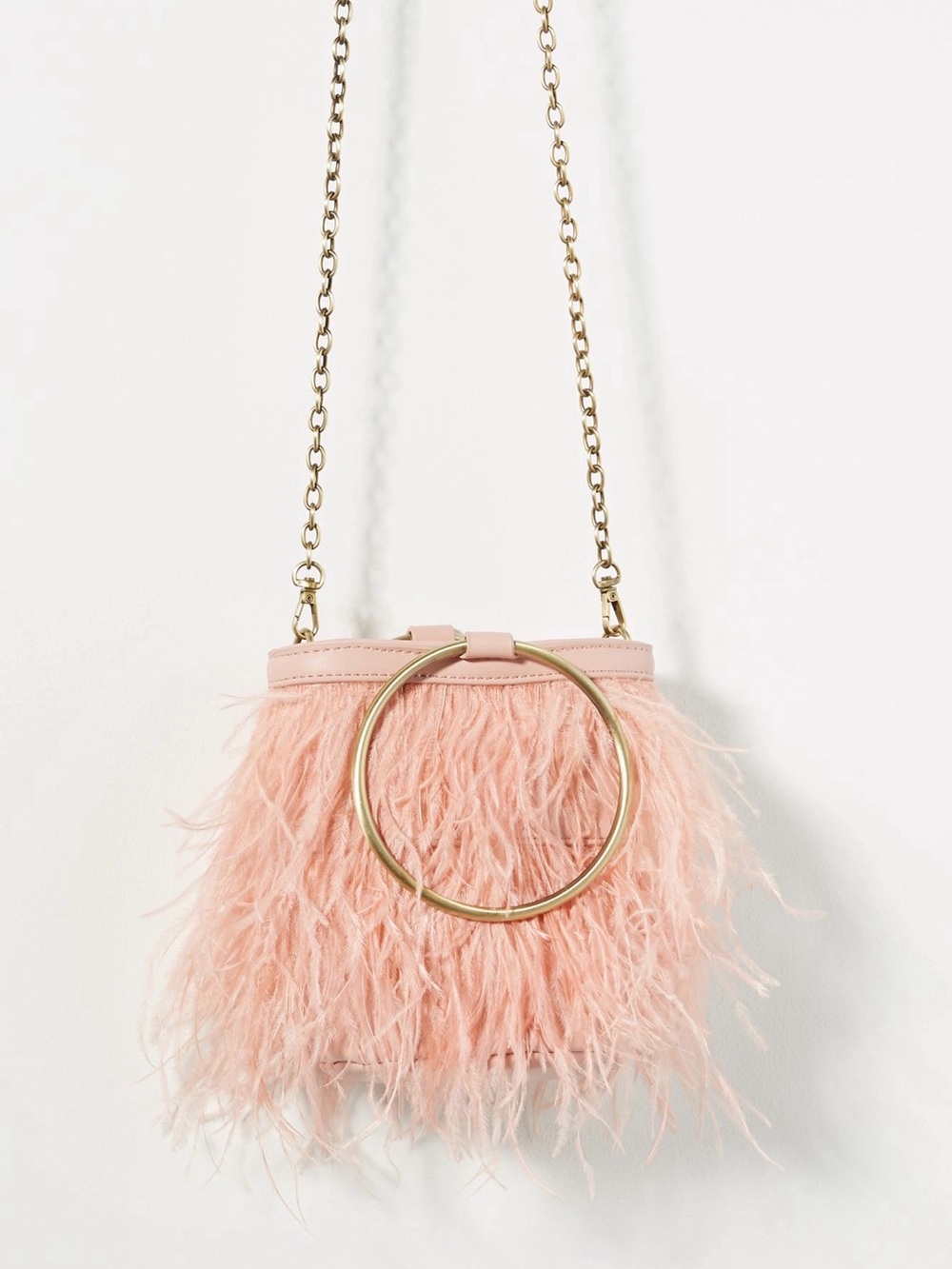 NWOT Anthropologie Pink Feather Evelyn Evening Mini Bucket Bag with Gold Ring